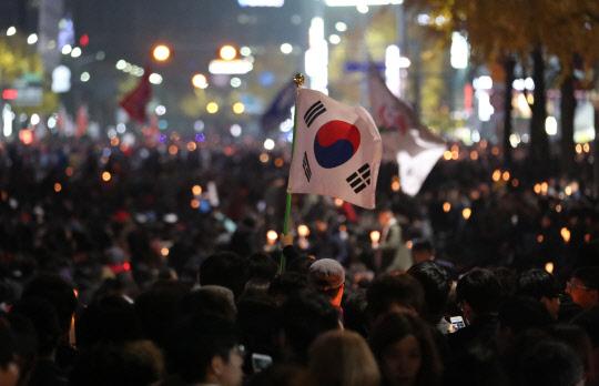 19일 오후 서울 광화문광장 일대에서 열린 제4차 촛불집회에서 한 시민이 태극기를 들고 참여하고 있다.